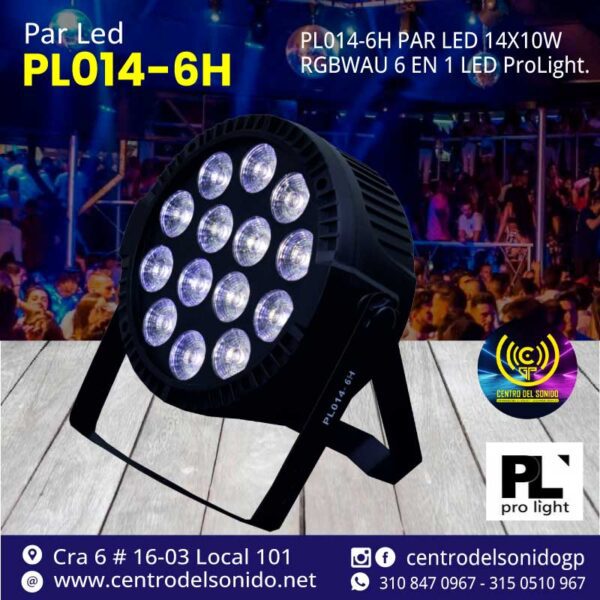 cabeza móvil pl014 6h par led 14x10w rgbwau 6 en 1 led prolight.