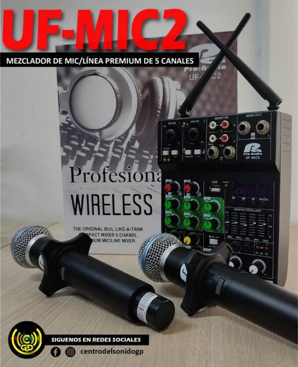 uf mic2 pa pro audio micrófono doble y mezclador de mic/línea premium 5 canales