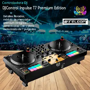 hercules djcontrol inpulse t7 premium edition con detalles dorados, módulo de atenuador premium integrado, conectividad usb y plato motorizado de 7 pulgadas