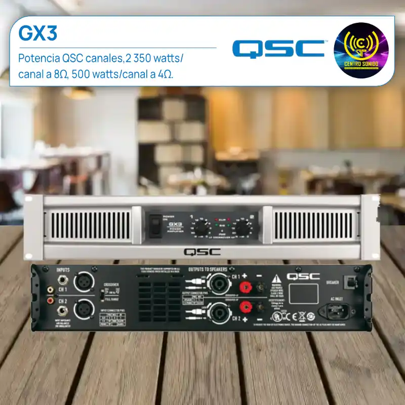 potencia qsc gx3 canales,2 350 watts/canal a 8Ω, 500 watts/canal a 4Ω.