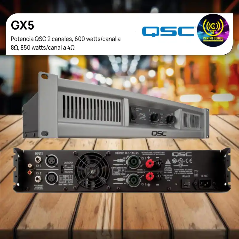 potencia gx5 qsc 2 canales, 600 watts/canal a 8Ω, 850 watts/canal a 4Ω