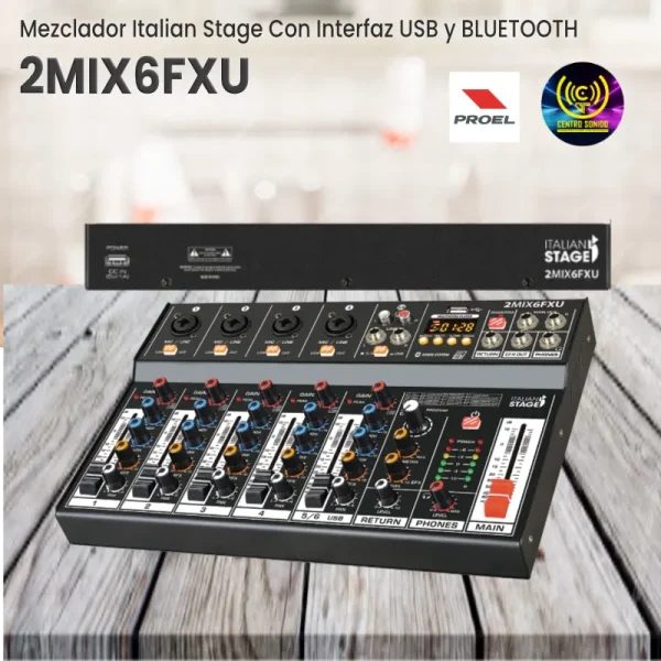 mezclador italian stage 2mix6fxu con interfaz usb y bluetooth