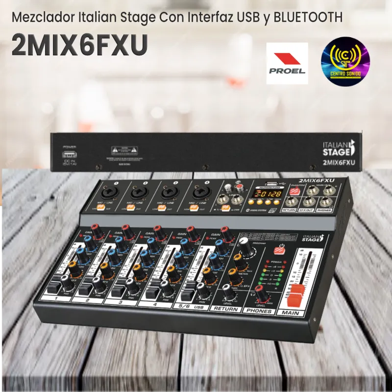 mezclador italian stage 2mix6fxu con interfaz usb y bluetooth