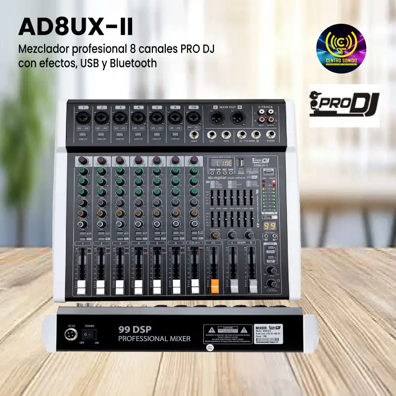 mezclador profesional 8 canales pro dj ad8ux ii con efectos