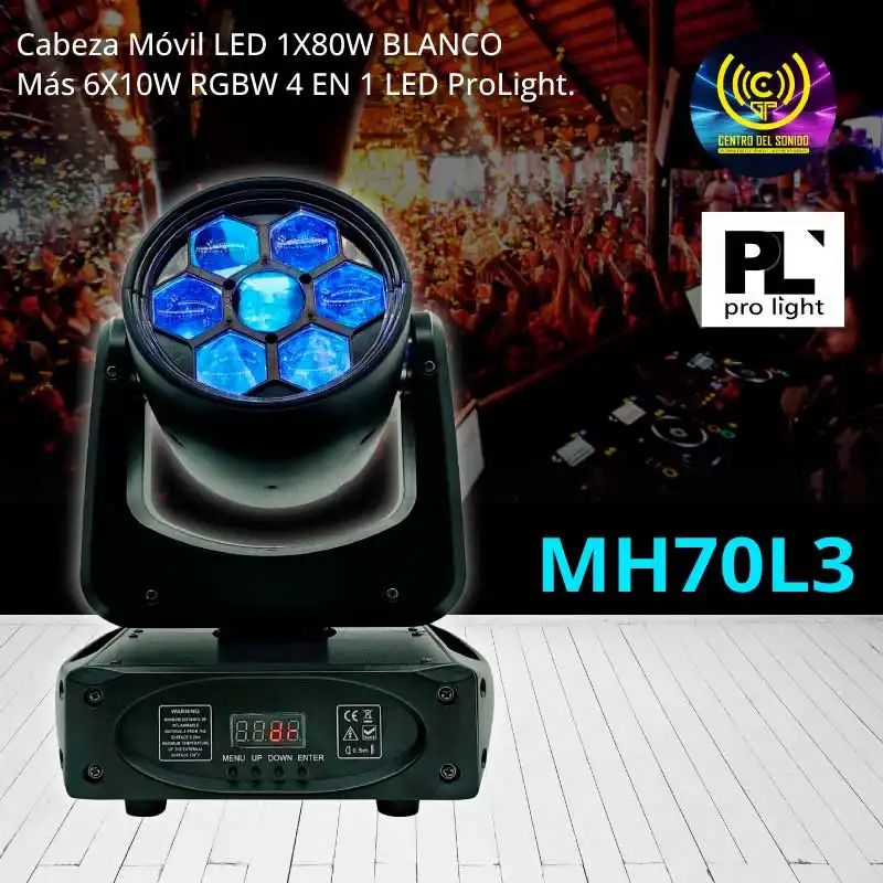mh70l3 cabeza móvil led 1x80w blanco más 6x10w rgbw 4 en 1 led prolight.