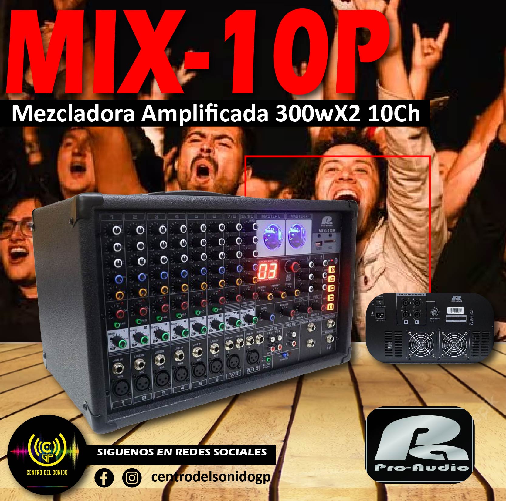 mix 10p consola mezcladora amplificada 300wx2 10ch pa pro audio