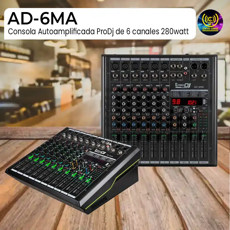 consola autoamplificada prodj ad 6ma de 6 canales 280watt