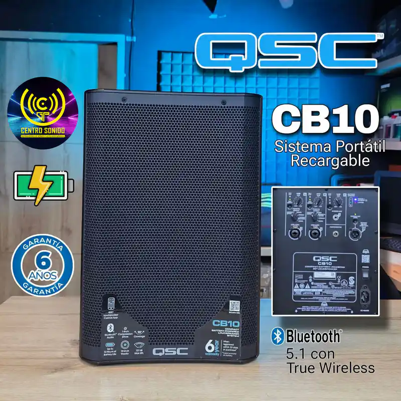 sistema de altavoz compacto de 10" qsc cb10 con bluetooth alimentado por bateria