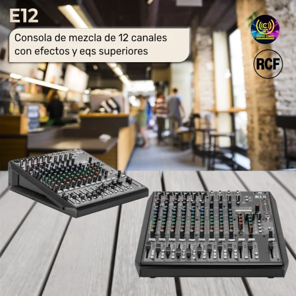 consola de mezcla de 12 canales con efectos y eqs superiores e12