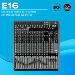 consola de mezcla de 16 canales con efectos y eqs superiores e16