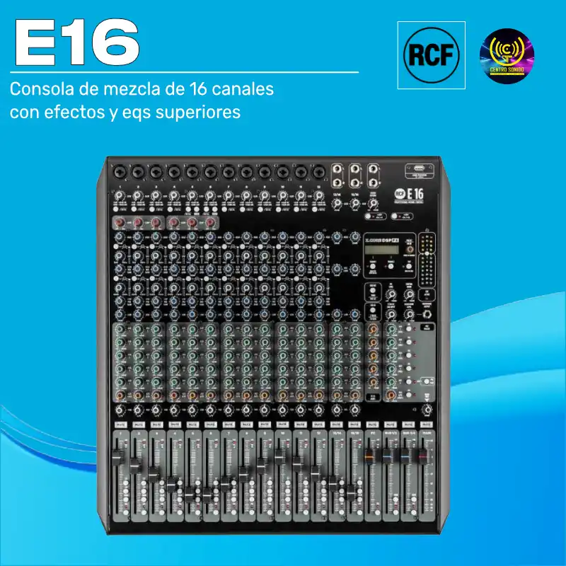 consola de mezcla de 16 canales con efectos y eqs superiores e16