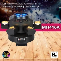 mh416a cabeza móvil 6x10w rgbw led 4 en 1 más 50mw laser rojo verde prolight.