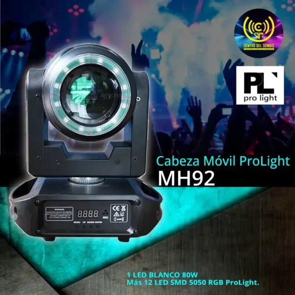 mh92 cabeza móvil 1 led blanco 80w más 12 led smd 5050 rgb prolight.