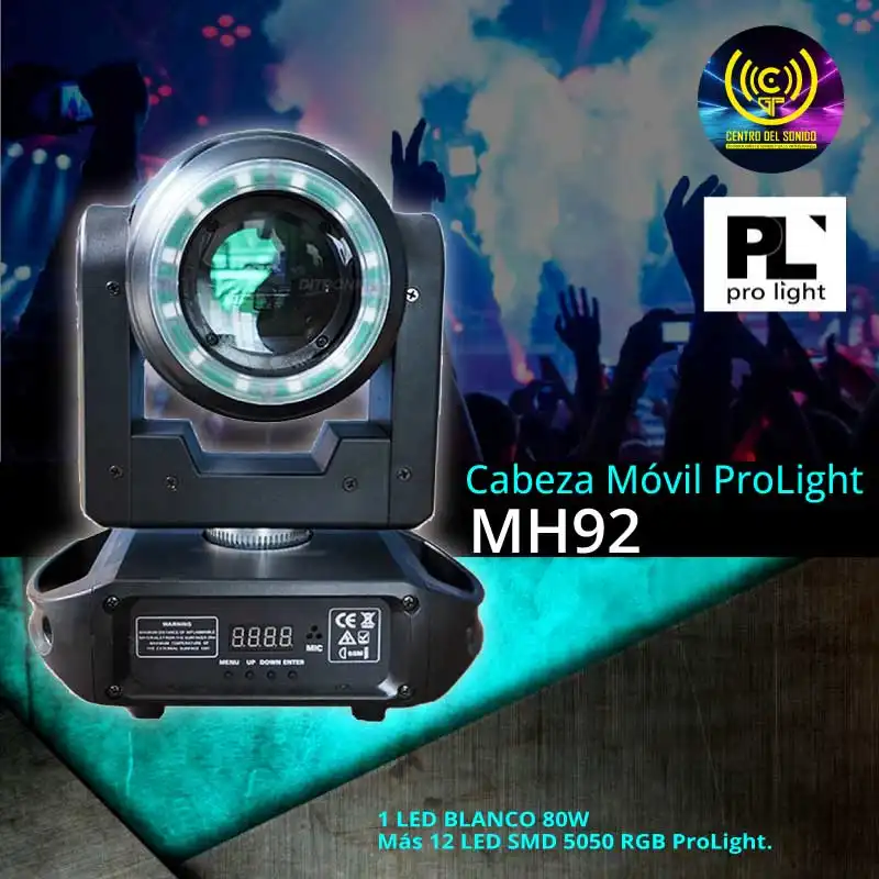 mh92 cabeza móvil 1 led blanco 80w más 12 led smd 5050 rgb prolight.