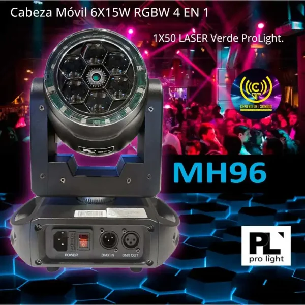 mh96 cabeza móvil 6x15w rgbw 4 en 1 led más 1x50 laser verde prolight.