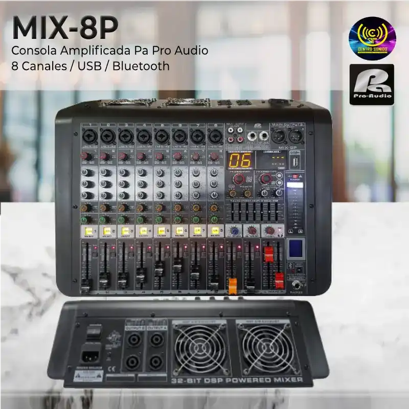 mix 8p consola amplificada pa pro audio 8canales / usb / bluetooth