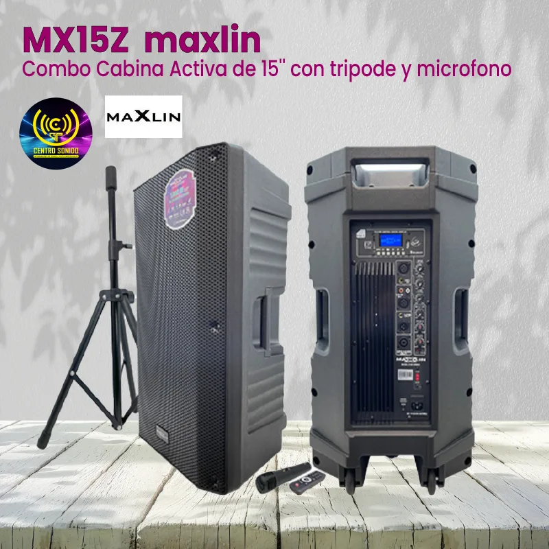 combo cabina activa de 15'' maxlin mx15z con tripode y microfono