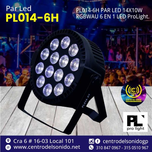 cabeza móvil pl014 6h par led 14x10w rgbwau 6 en 1 led prolight.