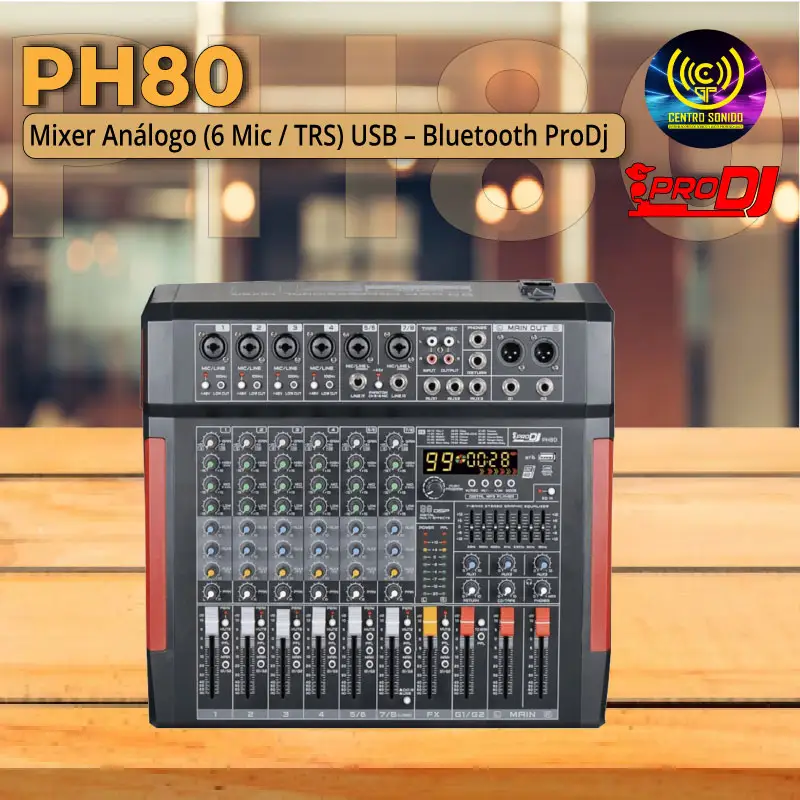 ph80 mixer análogo (6 mic / trs) usb – bluetooth prodj