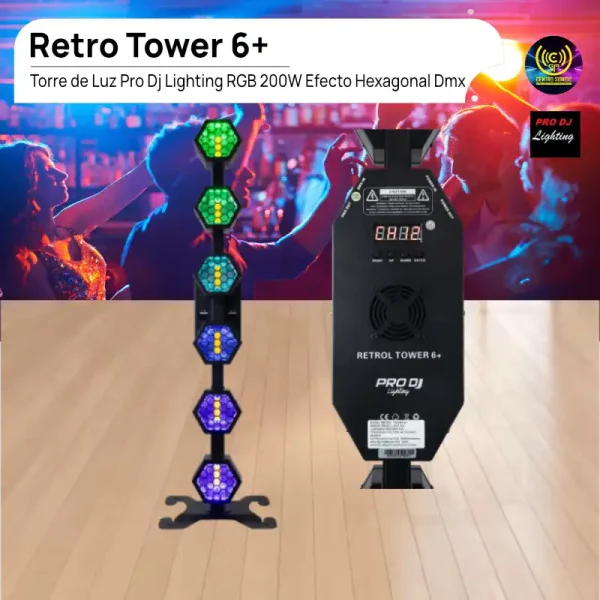 torre de luz retro tower 6+ pro dj lighting rgb 200w efecto hexagonal dmx