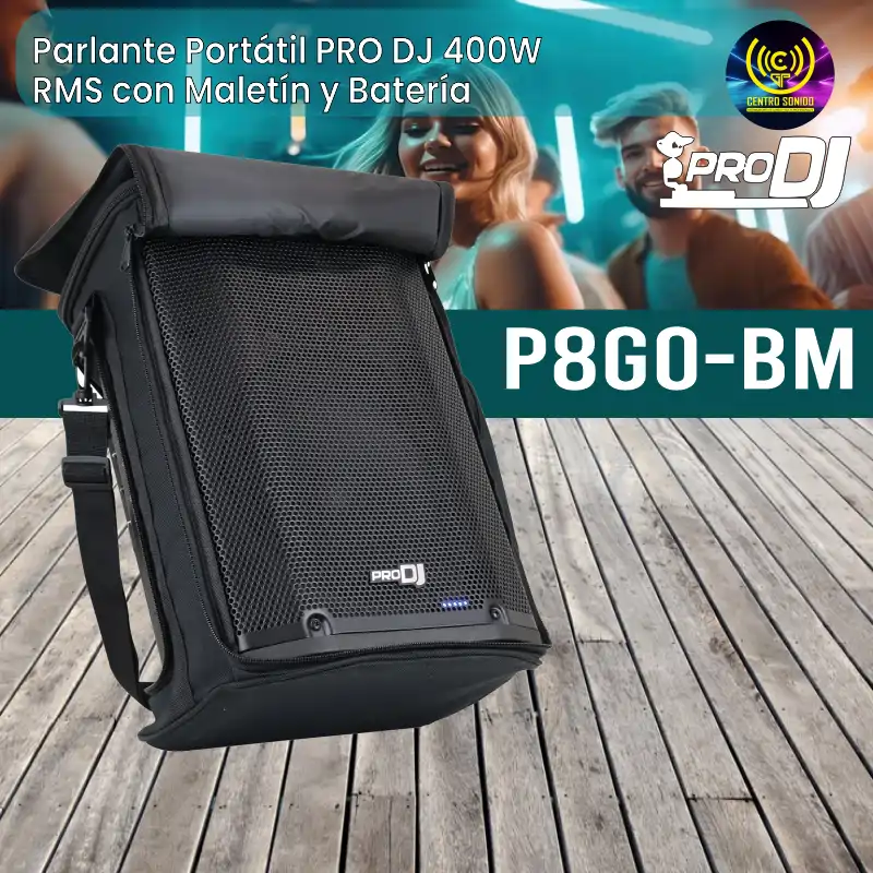 parlante portátil pro dj p8go bm 400w rms con maletín y batería