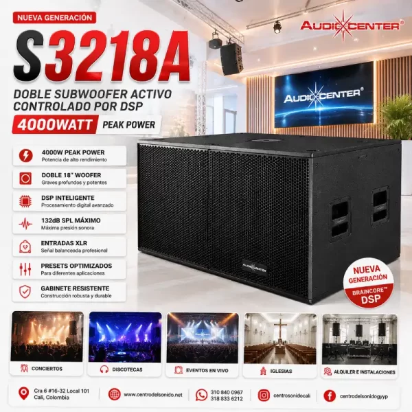 s3218a doble subwoofer 4000watt audiocenter activo controlado por dsp