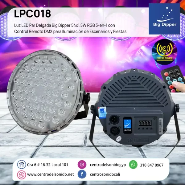luz led par delgada big dipper lpc018 54x1.5w rgb 3 en 1 con control remoto dmx para iluminación de escenarios y fiestas